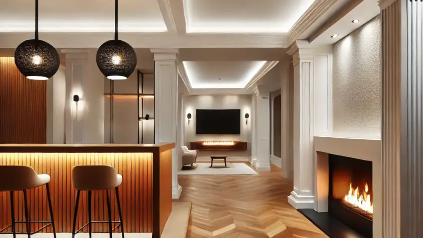 A modern, minimalistic basement with warm wood flooring, a built-in fireplace, and a custom wooden bar, illuminated by pendant lights.