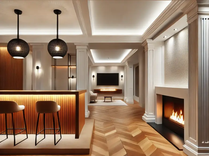 A modern, minimalistic basement with warm wood flooring, a built-in fireplace, and a custom wooden bar, illuminated by pendant lights.