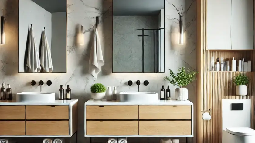 A modern bathroom showcasing three different types of vanities: a freestanding