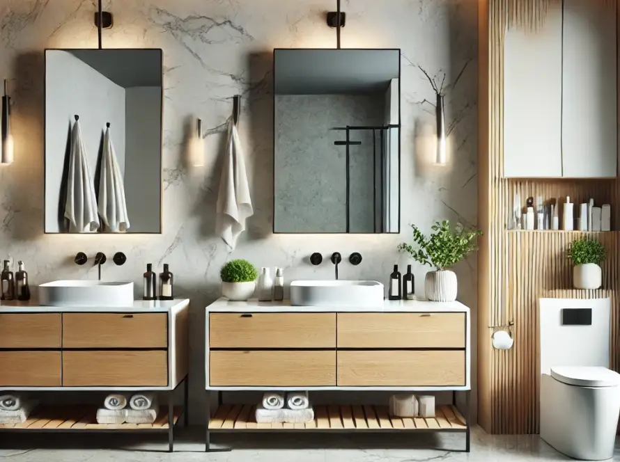 A modern bathroom showcasing three different types of vanities: a freestanding